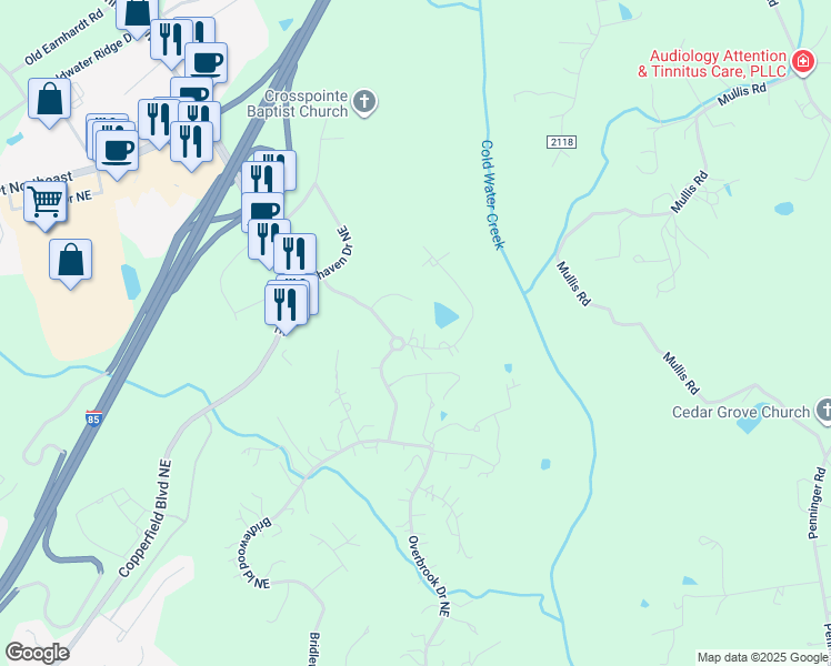 map of restaurants, bars, coffee shops, grocery stores, and more near 323 Sycamore Ridge Road Northeast in Concord