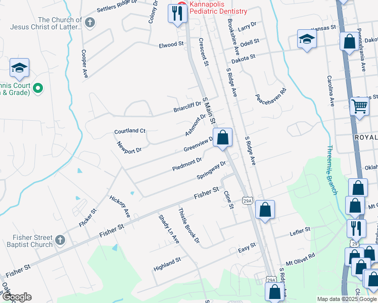 map of restaurants, bars, coffee shops, grocery stores, and more near 115 Greenview Drive in Kannapolis