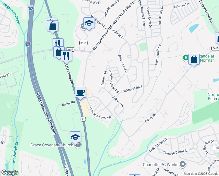 map of restaurants, bars, coffee shops, grocery stores, and more near in Cornelius