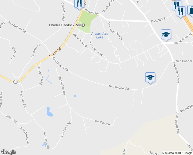 map of restaurants, bars, coffee shops, grocery stores, and more near 8505 San Gabriel Road in Atascadero