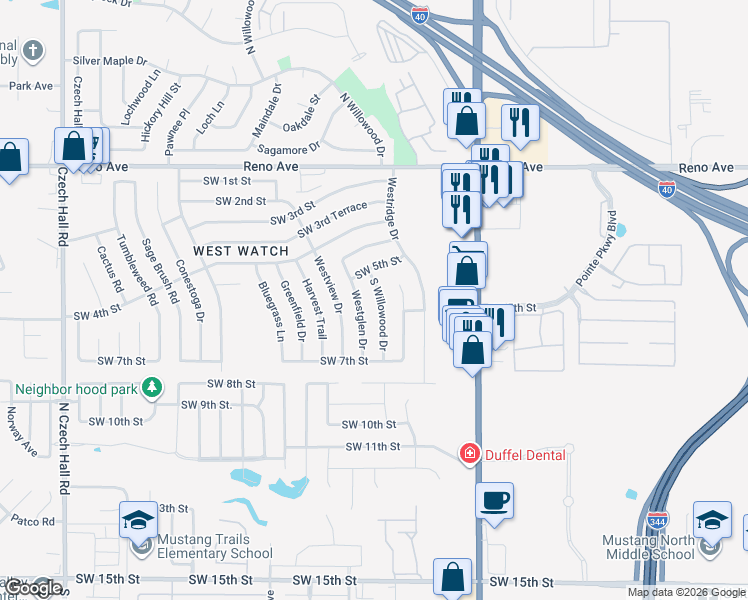 map of restaurants, bars, coffee shops, grocery stores, and more near 712 Westglen Drive in Yukon