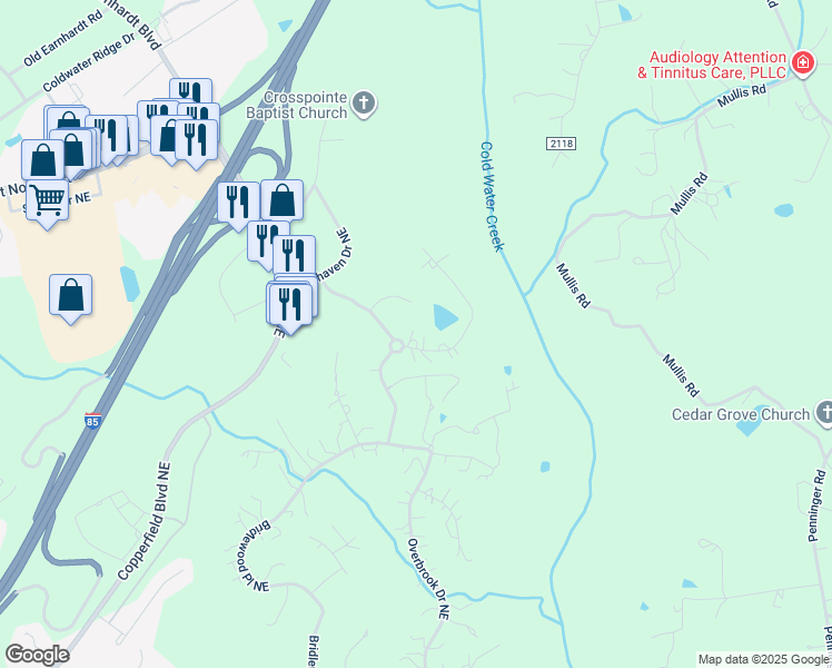 map of restaurants, bars, coffee shops, grocery stores, and more near 323 Sycamore Ridge Road Northeast in Concord