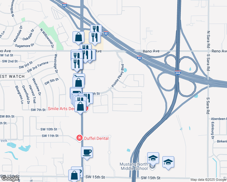 map of restaurants, bars, coffee shops, grocery stores, and more near 11146 Southwest 5th Street in Yukon