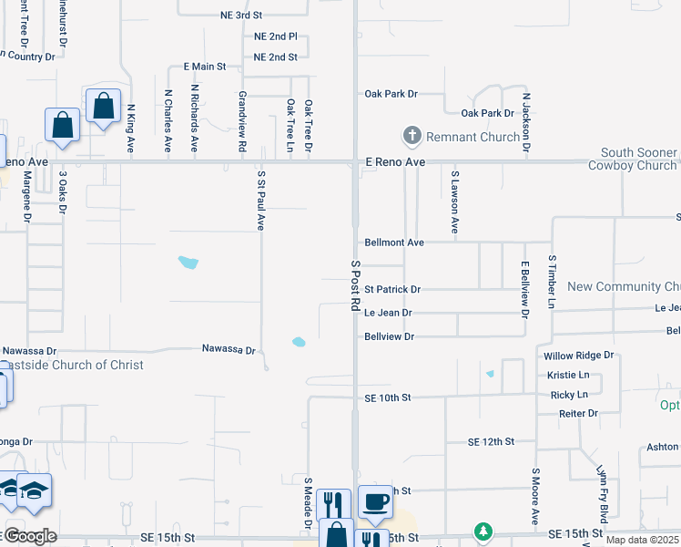 map of restaurants, bars, coffee shops, grocery stores, and more near 9929 Fox Fair Hollow in Midwest City