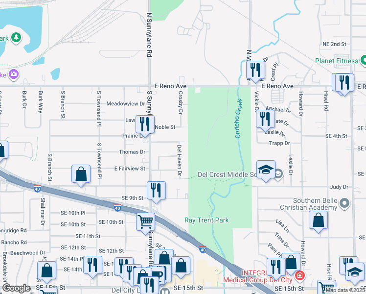 map of restaurants, bars, coffee shops, grocery stores, and more near 600 Del Haven Drive in Del City