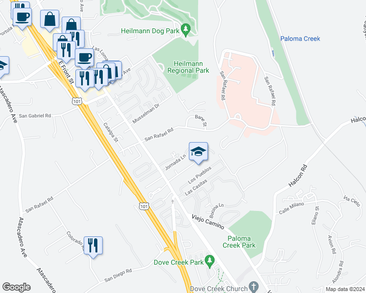 map of restaurants, bars, coffee shops, grocery stores, and more near 9409 Jornada Lane in Atascadero