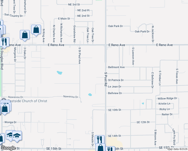 map of restaurants, bars, coffee shops, grocery stores, and more near 9913 Fox Fair Hollow in Midwest City