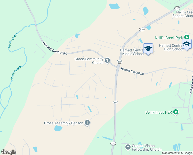 map of restaurants, bars, coffee shops, grocery stores, and more near 177-197 English Springer Drive in Angier