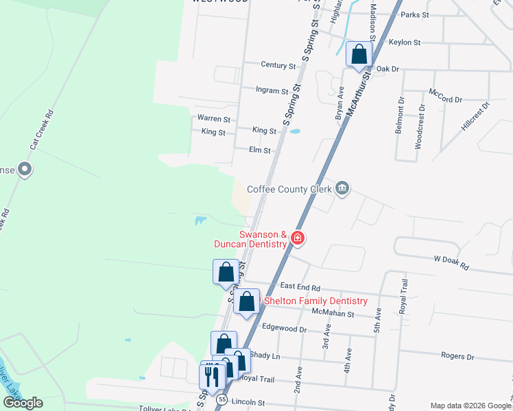 map of restaurants, bars, coffee shops, grocery stores, and more near 1600 Old Tullahoma Highway in Manchester