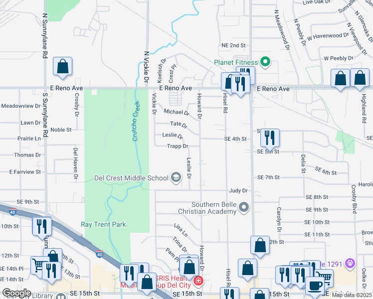 map of restaurants, bars, coffee shops, grocery stores, and more near 4812 Trapp Drive in Del City