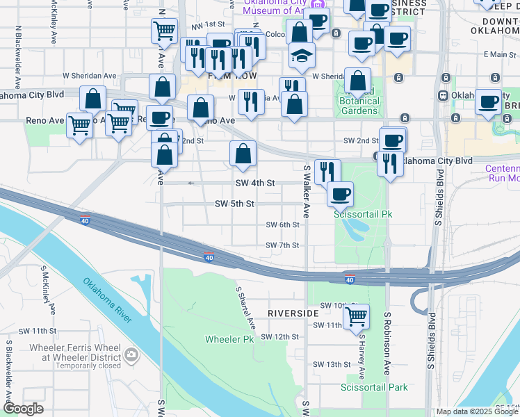 map of restaurants, bars, coffee shops, grocery stores, and more near 628 Southwest 5th Street in Oklahoma City