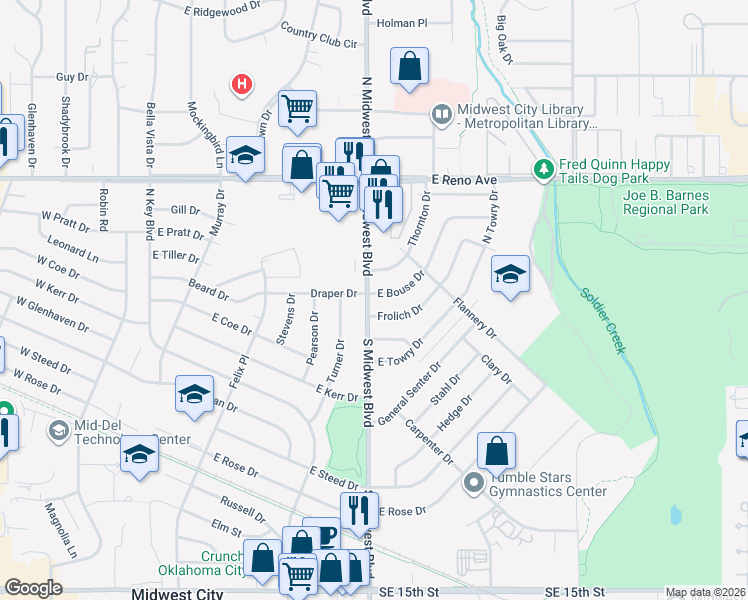 map of restaurants, bars, coffee shops, grocery stores, and more near 512 Draper Drive in Midwest City