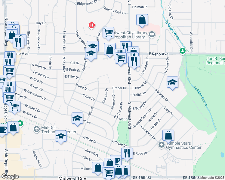 map of restaurants, bars, coffee shops, grocery stores, and more near 404 Draper Drive in Midwest City