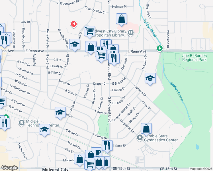 map of restaurants, bars, coffee shops, grocery stores, and more near 512 Draper Drive in Midwest City