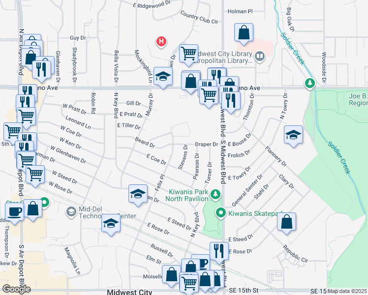 map of restaurants, bars, coffee shops, grocery stores, and more near 308 Draper Dr in Midwest City