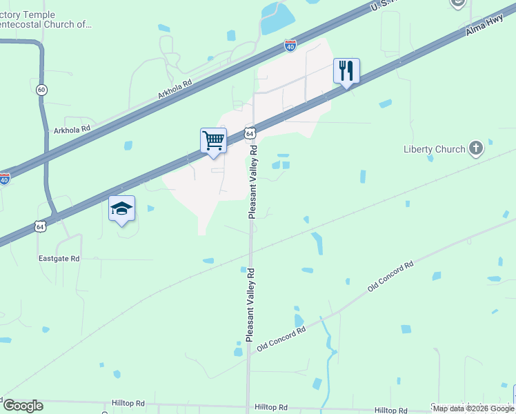 map of restaurants, bars, coffee shops, grocery stores, and more near 1704 Pleasant Valley Road in Van Buren