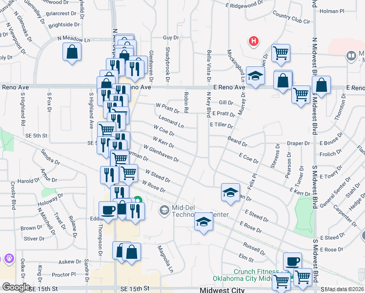 map of restaurants, bars, coffee shops, grocery stores, and more near 108 West Coe Drive in Midwest City