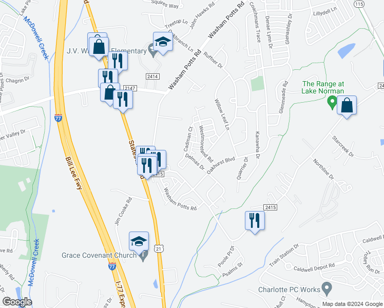 map of restaurants, bars, coffee shops, grocery stores, and more near 18040 Delmas Drive in Cornelius