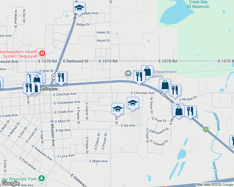map of restaurants, bars, coffee shops, grocery stores, and more near 1015 East Choctaw Avenue in Sallisaw
