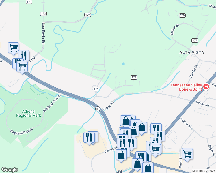 map of restaurants, bars, coffee shops, grocery stores, and more near 2520 Sullins Road in Athens