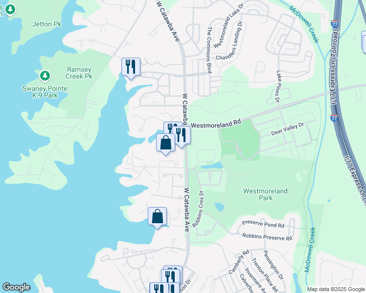 map of restaurants, bars, coffee shops, grocery stores, and more near 18091 West Catawba Avenue in Cornelius