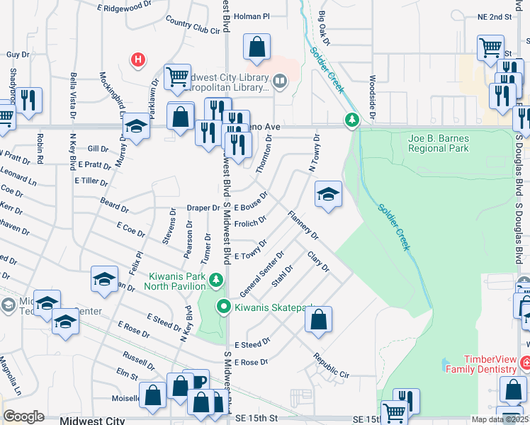 map of restaurants, bars, coffee shops, grocery stores, and more near 641 Frolich Drive in Midwest City