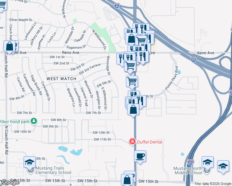 map of restaurants, bars, coffee shops, grocery stores, and more near 617 Westridge Court in Yukon