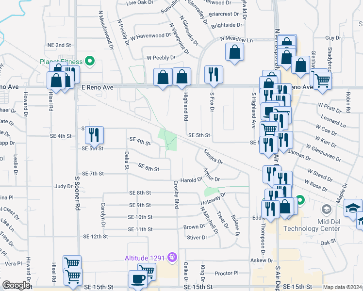 map of restaurants, bars, coffee shops, grocery stores, and more near 2429 Sandra Drive in Midwest City