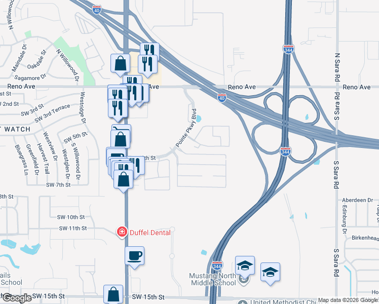 map of restaurants, bars, coffee shops, grocery stores, and more near 11121 Southwest 5th Street in Yukon
