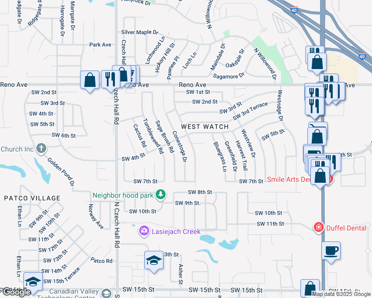 map of restaurants, bars, coffee shops, grocery stores, and more near 509 Conestoga Drive in Yukon