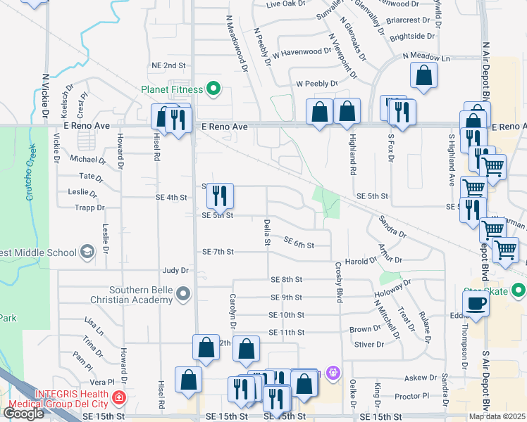 map of restaurants, bars, coffee shops, grocery stores, and more near 409 Delia Street in Midwest City