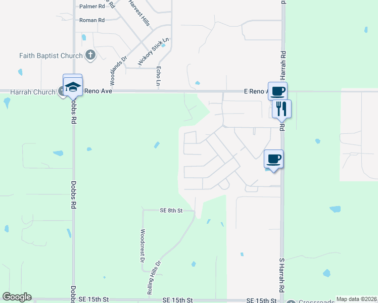 map of restaurants, bars, coffee shops, grocery stores, and more near 20543 Pioneer Drive in Harrah