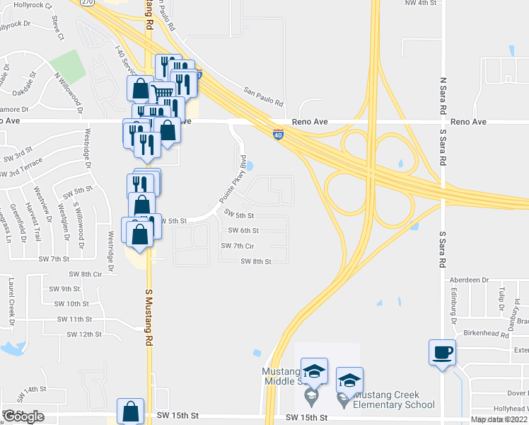 map of restaurants, bars, coffee shops, grocery stores, and more near 11027 Southwest 5th Street in Yukon