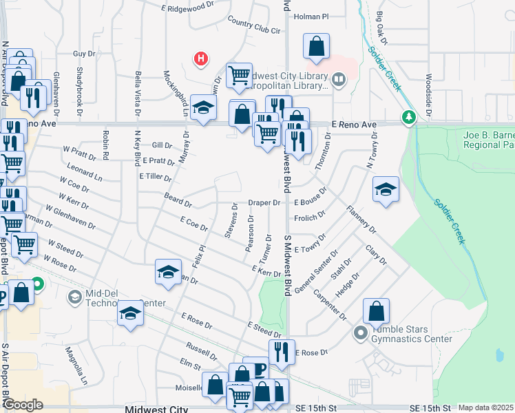 map of restaurants, bars, coffee shops, grocery stores, and more near 404 Draper Drive in Midwest City