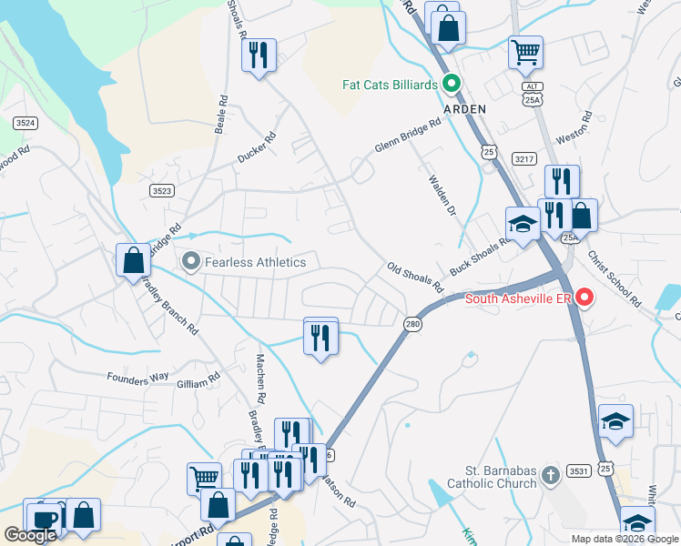 map of restaurants, bars, coffee shops, grocery stores, and more near 105 Wellington Drive in Arden