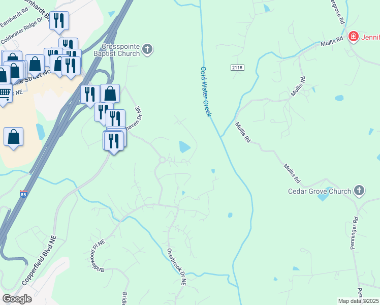 map of restaurants, bars, coffee shops, grocery stores, and more near 341 Sycamore Ridge Rd NE in Concord