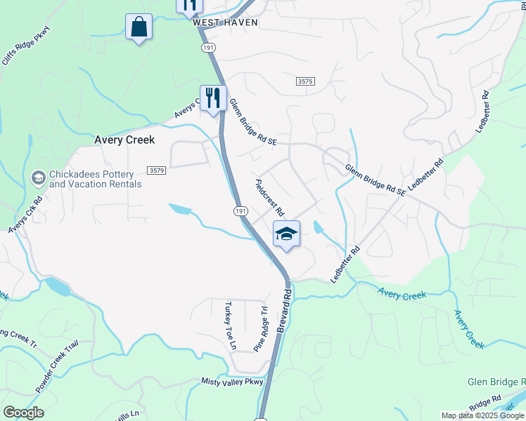 map of restaurants, bars, coffee shops, grocery stores, and more near 38 Fieldcrest Road in Arden