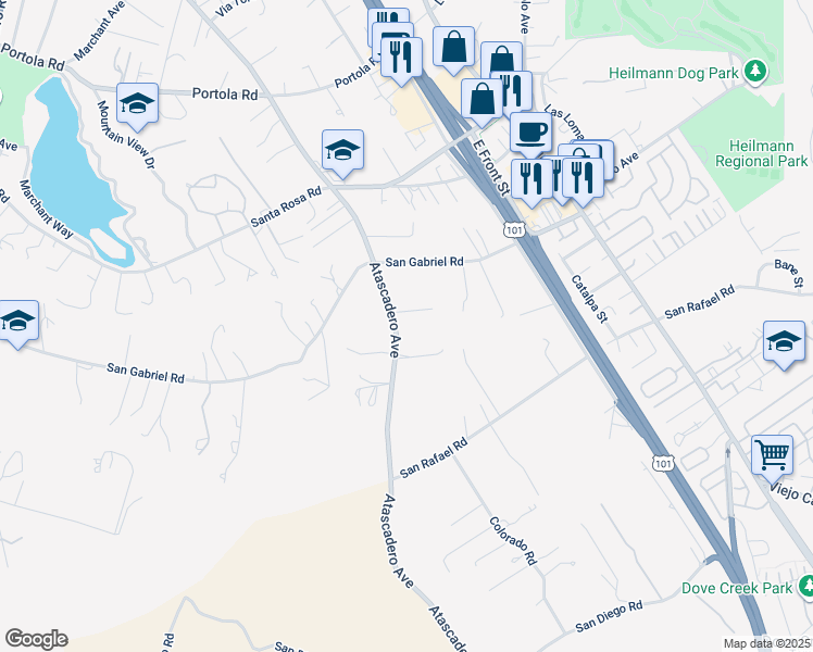 map of restaurants, bars, coffee shops, grocery stores, and more near 10097 Atascadero Avenue in Atascadero