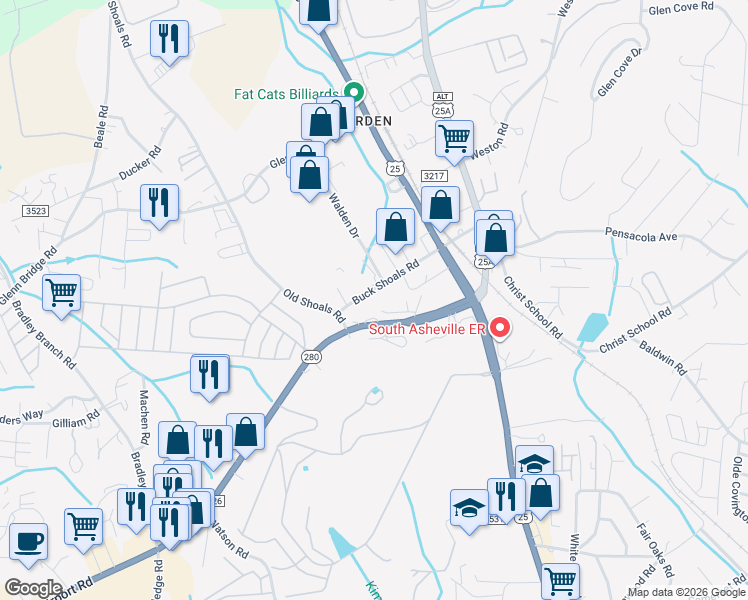 map of restaurants, bars, coffee shops, grocery stores, and more near 47 Buck Shoals Road in Arden
