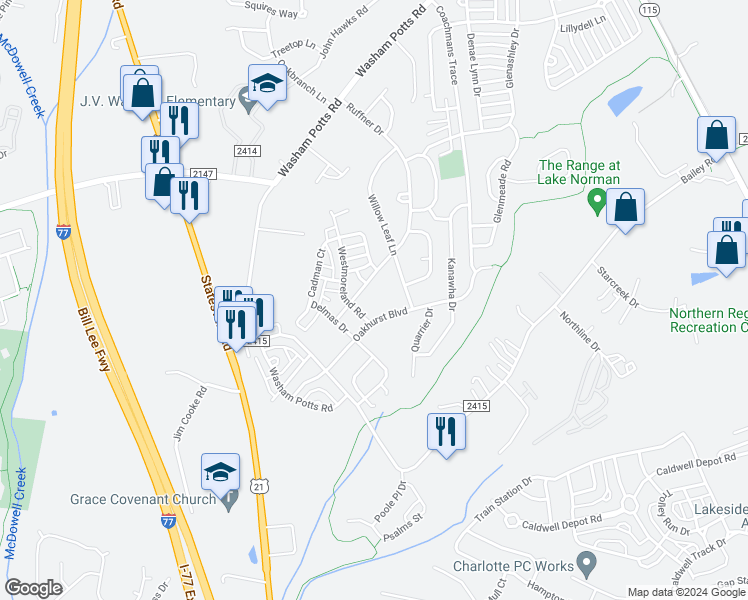 map of restaurants, bars, coffee shops, grocery stores, and more near 18801 Oakhurst Boulevard in Cornelius