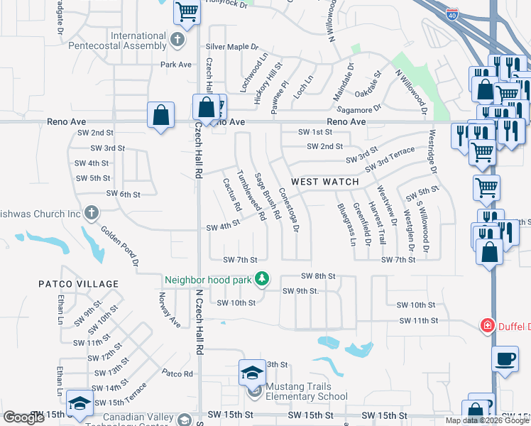 map of restaurants, bars, coffee shops, grocery stores, and more near 500 Tumbleweed Road in Yukon
