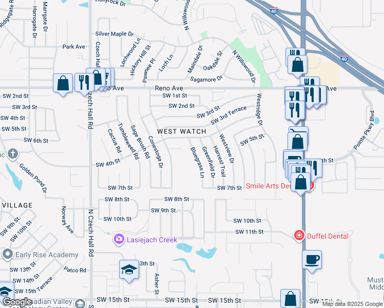 map of restaurants, bars, coffee shops, grocery stores, and more near 521 Bluegrass Lane in Yukon