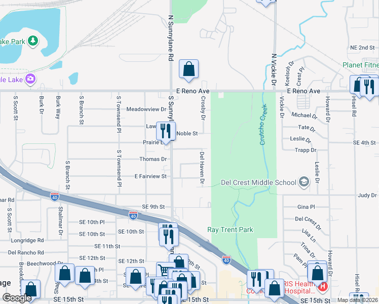map of restaurants, bars, coffee shops, grocery stores, and more near 4328 Prairie Lane in Del City