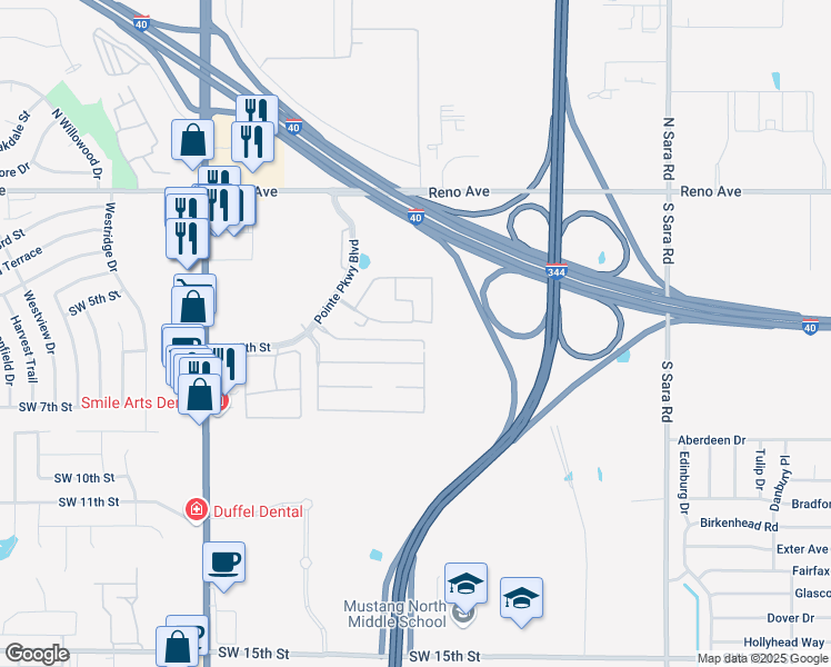 map of restaurants, bars, coffee shops, grocery stores, and more near 11007 Southwest 5th Street in Yukon