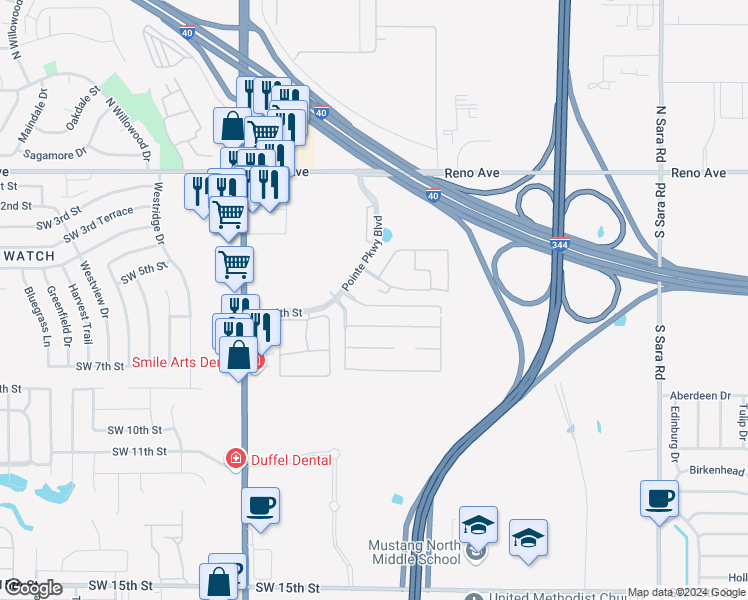 map of restaurants, bars, coffee shops, grocery stores, and more near 11123 Southwest 5th Street in Yukon