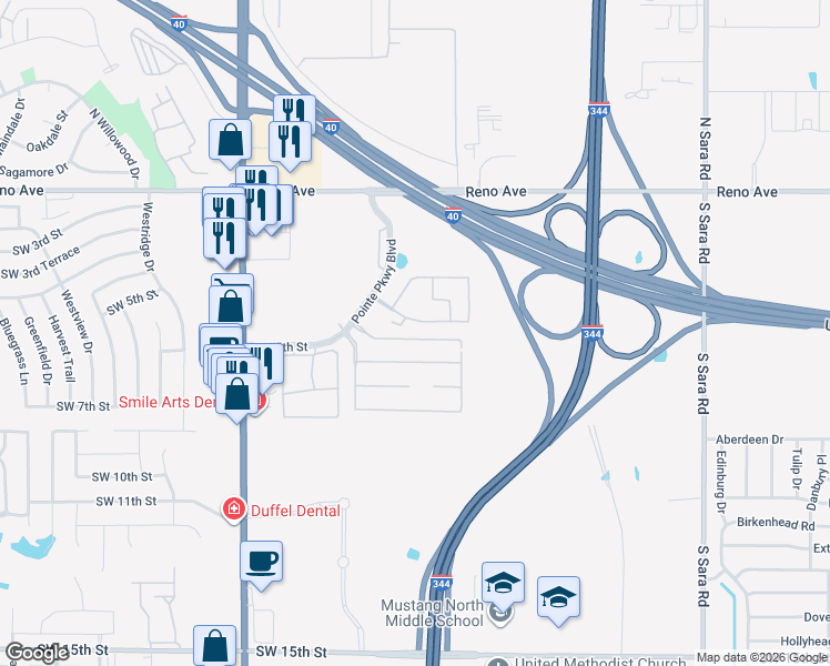 map of restaurants, bars, coffee shops, grocery stores, and more near 11023 Southwest 5th Street in Yukon