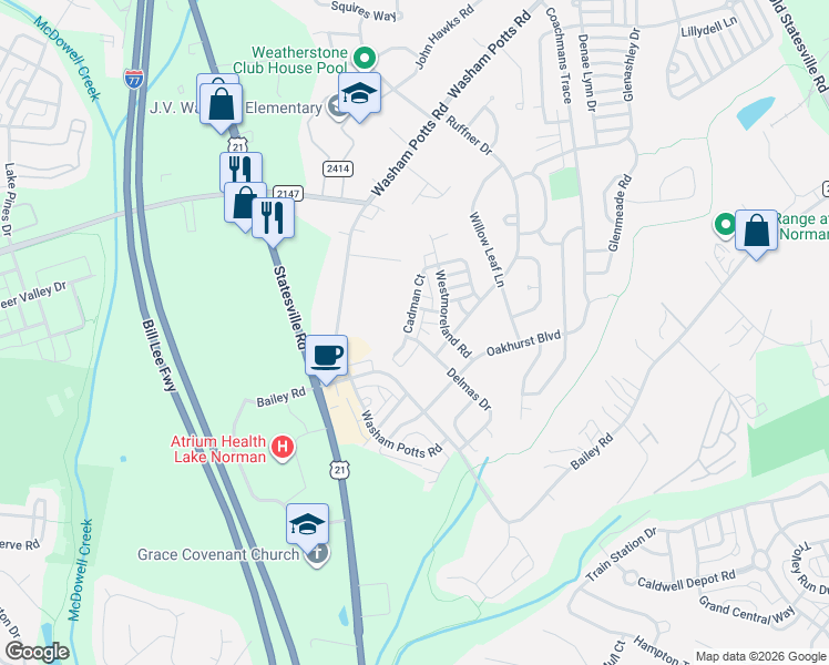 map of restaurants, bars, coffee shops, grocery stores, and more near 9518 Cadman Court in Cornelius