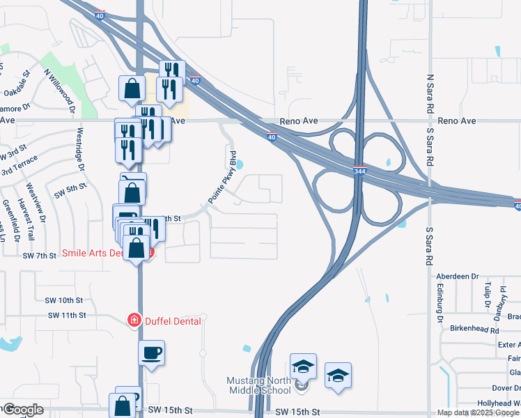 map of restaurants, bars, coffee shops, grocery stores, and more near 11019 Southwest 5th Street in Yukon