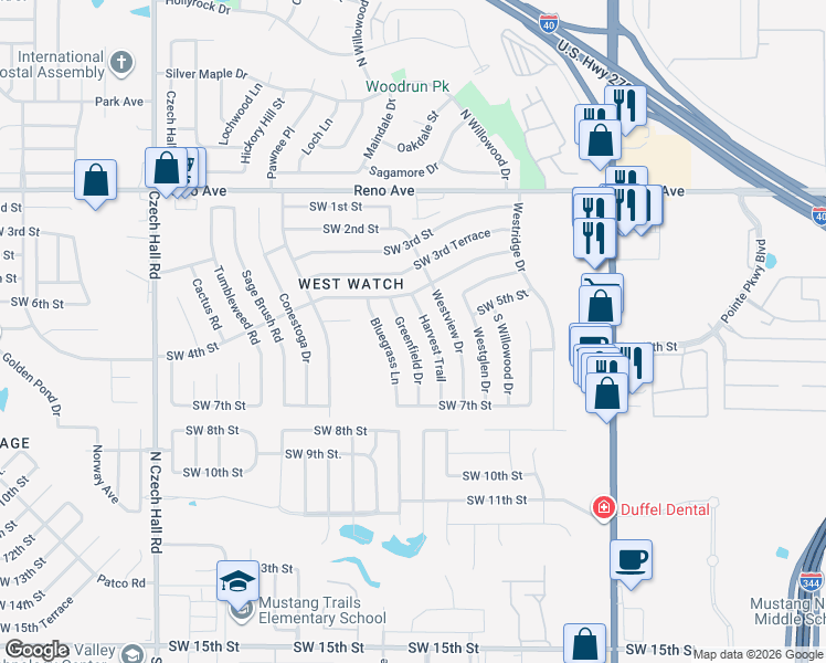 map of restaurants, bars, coffee shops, grocery stores, and more near 524 Greenfield Dr in Yukon