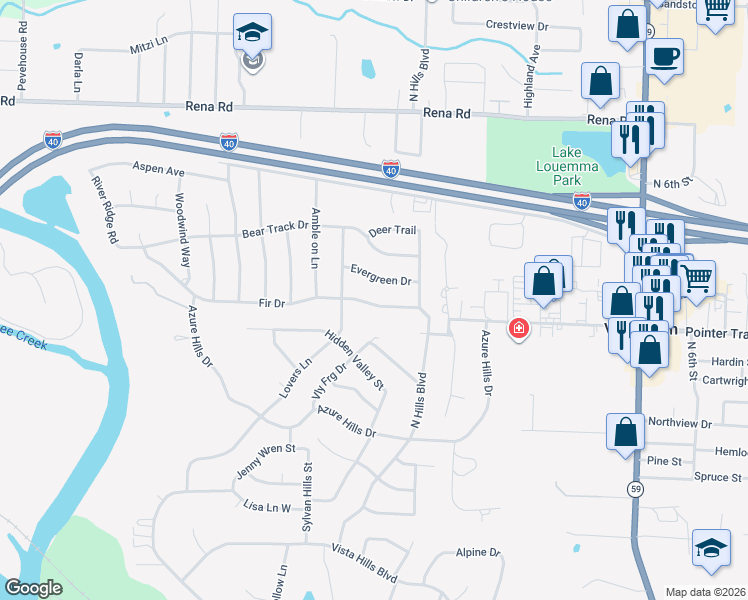 map of restaurants, bars, coffee shops, grocery stores, and more near 512 Fir Drive in Van Buren